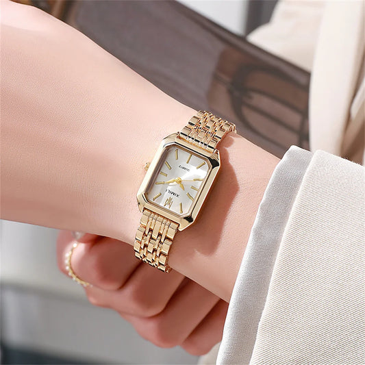 Luckacco Luxury Ladies Fashion Quartz Watch Simple Scale Square Quality Gold Plated Women Watches Business Stainless Steel Folding Clock