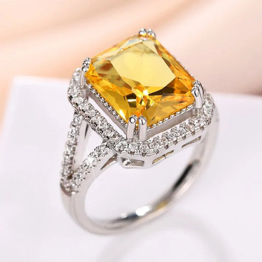 Luckacco 2025 Big Geometric Yellow Cubic Zirconia Rings Women Temperament Accessories for Wedding Anniversary Party New Trendy Jewelry