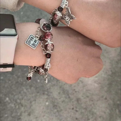 Luckacco Fashion Vintage Red Beaded Chain Bracelet for Women Butterfly Pendant Charm Bracelets Anime Tian Guan Ci Fu Jewelry Accessories
