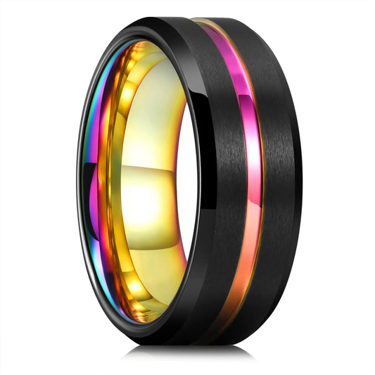 Luckacco Fashion Men 8mm Rose Gold Color Stainless Steel Rings Double Groove Pattern Promise Rings For Men Wedding Jewelry Accessories