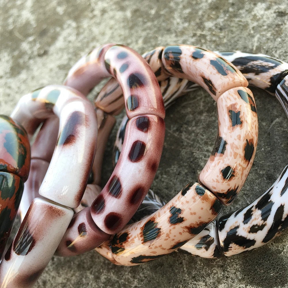 luckacco fishsheep vintage leopard print acrylic stackable bracelets bangles for women resin stretchy bracelet 2023 fashion jewelry gift