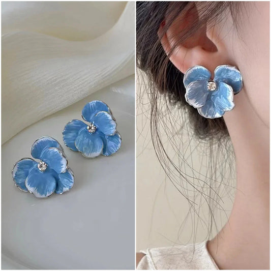 Luckacco Retro Big Flower Stud Earrings Red Blue Enamel Oil Petal Rhinestones Earrings for Women Wedding Party Cute Elegant Jewelry Gift