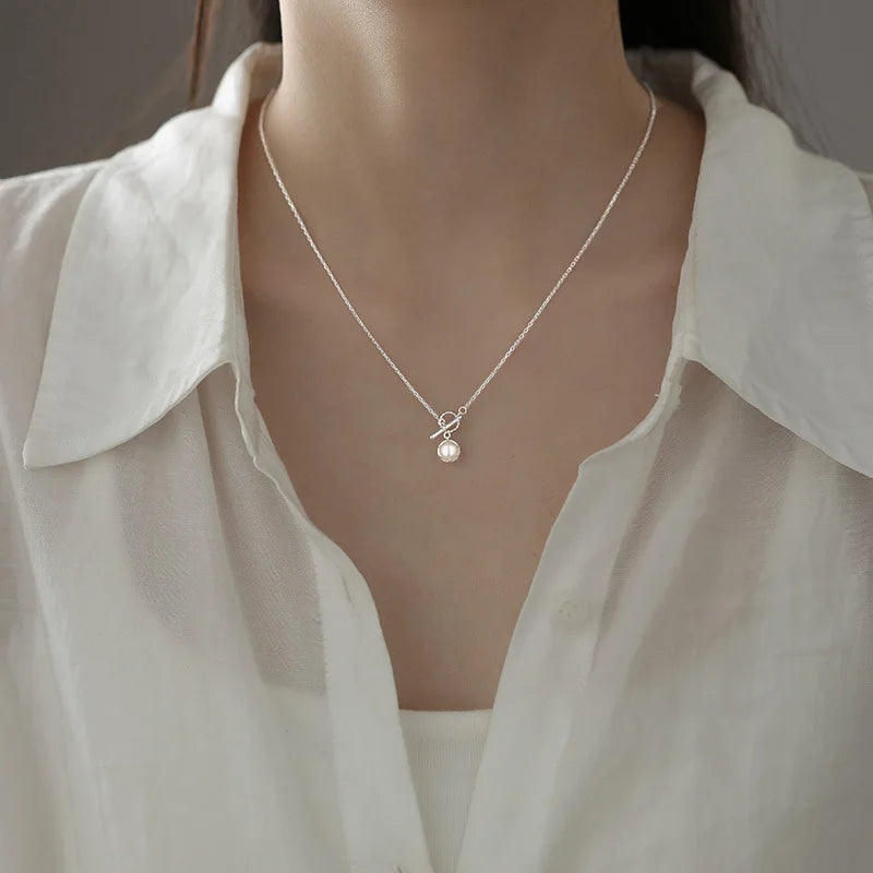 luckacco new trendy fashion 925 silver pearl simple elegant thin chain pendant necklace for women girl jewelry dropship