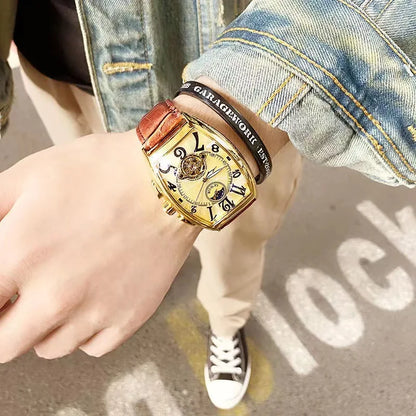 Luckacco Luxury Automatic Mechanical Watch for Men Sports Watches Tourbillon Skeleton Military Male Clock Cool Tonneau Man Wristwatch