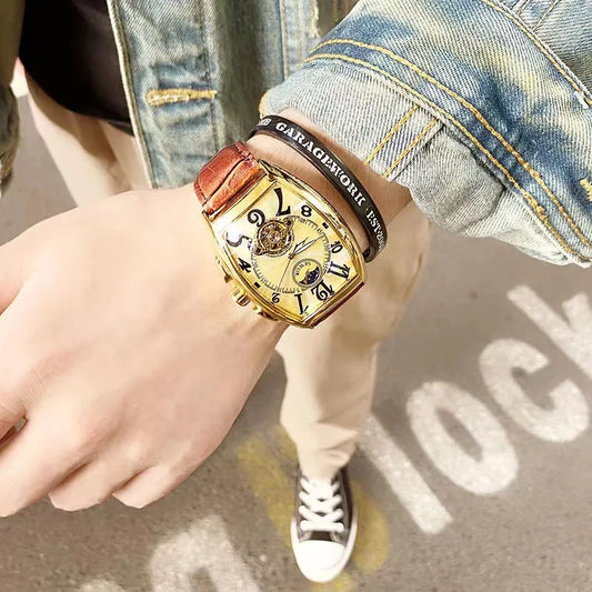 Luckacco Luxury Automatic Mechanical Watch for Men Sports Watches Tourbillon Skeleton Military Male Clock Cool Tonneau Man Wristwatch