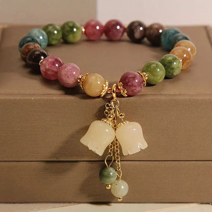 Luckacco Exquisite Natural Stone Bracelet Elegant Lily of The Valley Flower Pendant Elastic Beaded Bracelets for Women Party Jewelry Gift