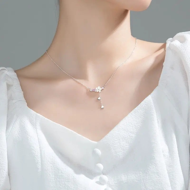 luckacco 925 sterling silver inlaid zircon necklaces for women romantic cherry blossom pendant clavicle chain choker jewelry