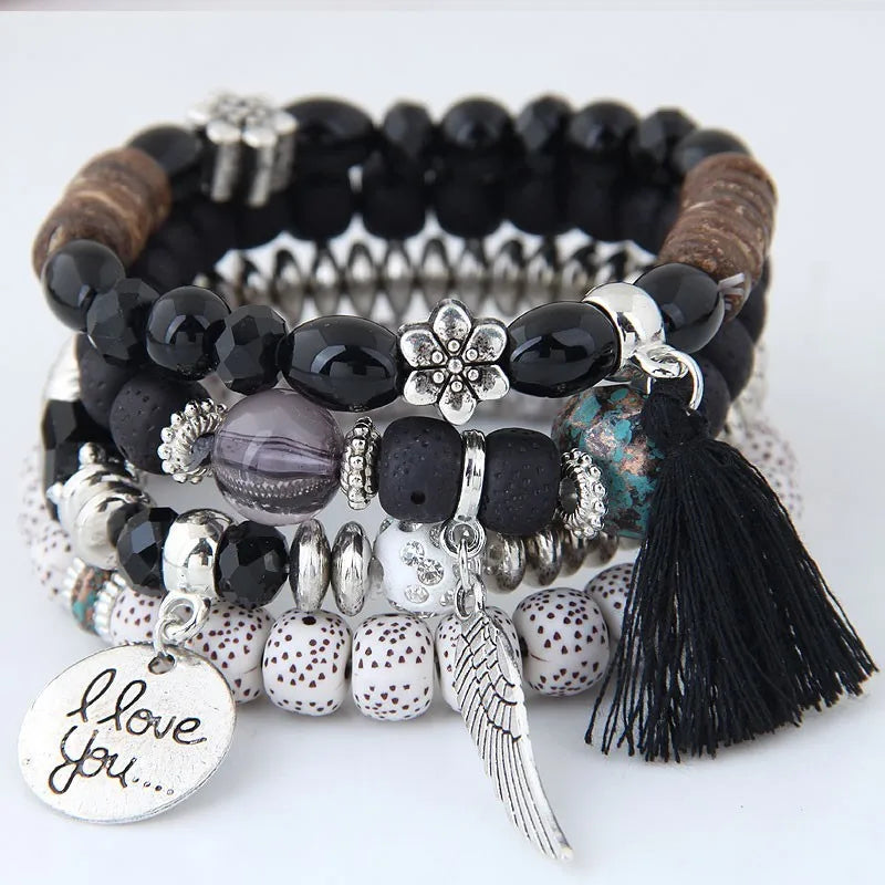 luckacco bohemian charm beads wrap bracelets & bangles for women boho flower leaf tassel bracelet multilayer bracelet femme 2024 new