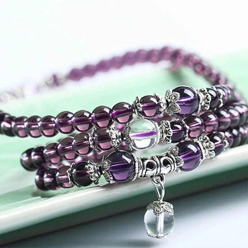 luckacco 108 rosary bracelet crystal stone for women's necklace bracelet imitation amethyst obsidian stone ethnic  buddhis prayer jewelry