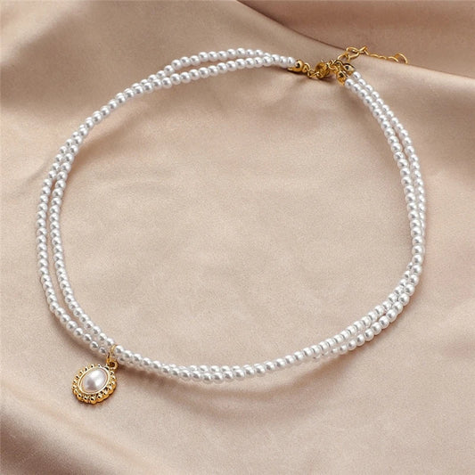 Luckacco Korean Elegant Pearl Beads Necklace for Women Fashion Rhinestone Shell Heart Pendant Necklace Girl Charms Vintage Choker Jewelry