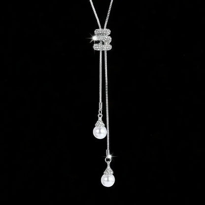 Luckacco Classic Simple Long Pearl Spiral Adjustable Pendant Necklace for Women Charm Zircon Sweater Chain Exquisite Jewelry Accessories