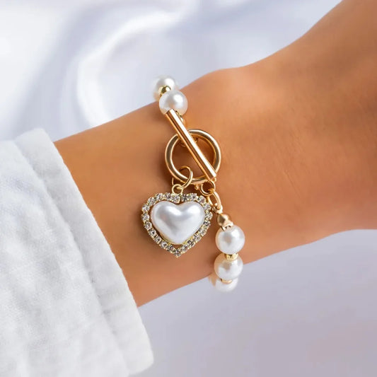 Luckacco 4pcs Set Imitation Pearl Chain Beaded Bracelet for Women New Temperament Gold Color Stainless Steel Bangle Jewelry Accessories