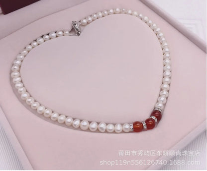 Luckacco 8-9mm Near Round White Natural Freshwater Pearl Necklace Red/Green Waterdrop Chalcedony Bracelet Earrings for Mother Jewelry Set