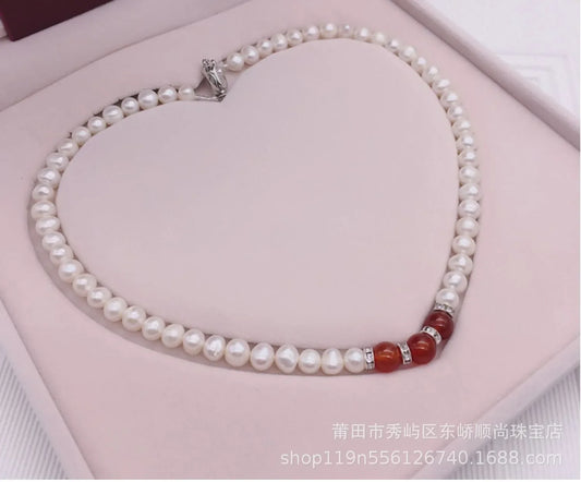 Luckacco 8-9mm Near Round White Natural Freshwater Pearl Necklace Red/Green Waterdrop Chalcedony Bracelet Earrings for Mother Jewelry Set