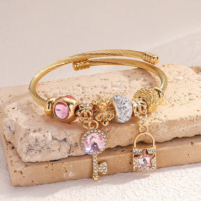 Luckacco 1PC Women's Fashion Pan Family Multi Element Beaded Key Lock Bracelet Bracelet Date Travel Banquet Party Festival Dressing Gift