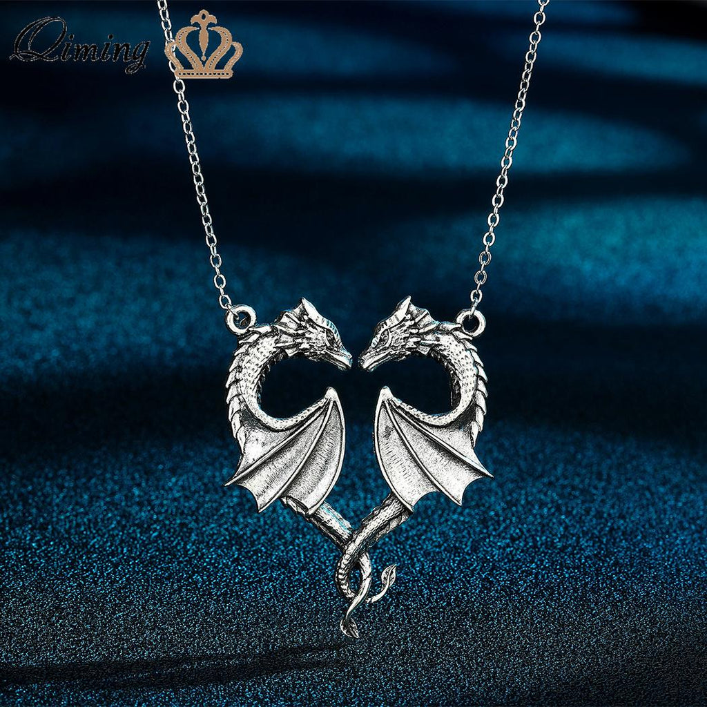 QIMING Handmade Viking Dragon Pendant Necklace For Men Heart Symbol Of Love  Vintage Jewelry Punk Necklace - luckacco