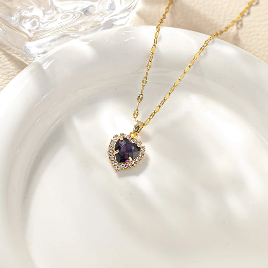 Luckacco Stainless Steel Chain Classic Shiny Colorful Zircon Heart Pendant Necklace for Women Lady Vintage Jewelry Accessories Gifts
