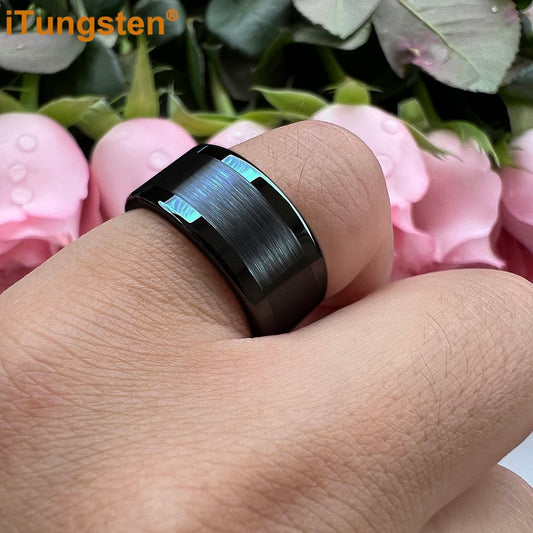 Luckacco iTungsten 10mm 12mm Big Finger Ring Mens Tungsten Flat Engagement Wedding Band With Center Brushed Polished Finish Comfort Fit