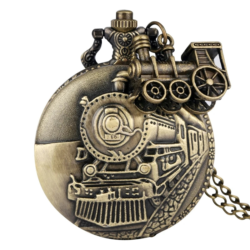 luckacco vintage classic steampunk train quartz pocket watch with necklace chain pendant souvenir gift clock for male men and kids