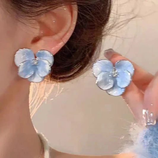 Luckacco Retro Big Flower Stud Earrings Red Blue Enamel Oil Petal Rhinestones Earrings for Women Wedding Party Cute Elegant Jewelry Gift