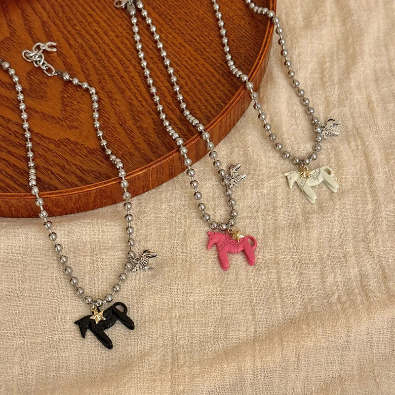 luckacco funny silver color copper beads horse pendant necklace black choker necklace pink white enamel pendant necklace for women