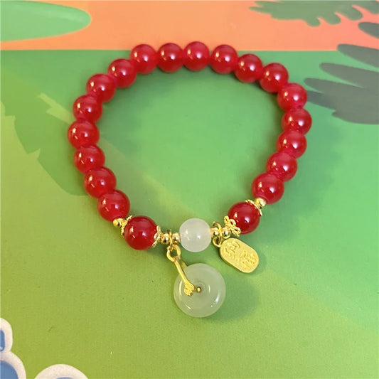 Luckacco Handmade Good Luck Wealth Elastic Beaded Bracelet Imitation Jade Ping An Buckle Lucky Amulet Prayer Bracelets For Women Men Gift