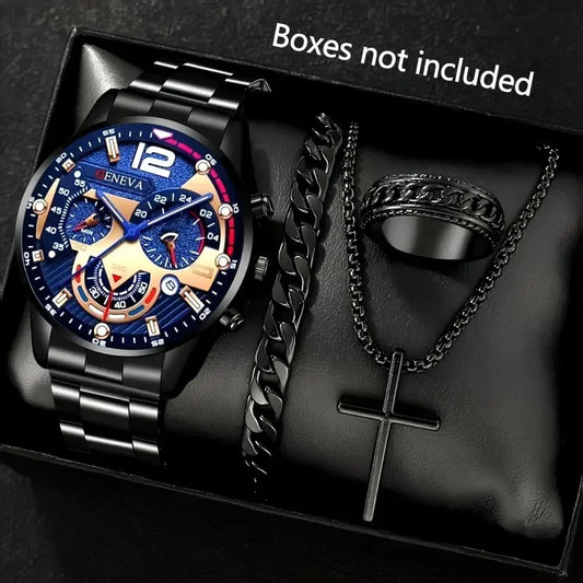 Luckacco 4Pcs/set Luxury Men Business Quartz Watch stainless steel Roman Calendar Wrist Watch Cross Necklace Bracelet Ring Set Men's Gift