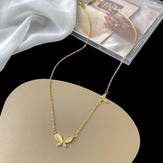 Luckacco Stainless Steel Luxury Gold Color Opal Butterfly Pendant Necklace for Women Exquisite Zircon Chokers Bride Jewelry Colorfast