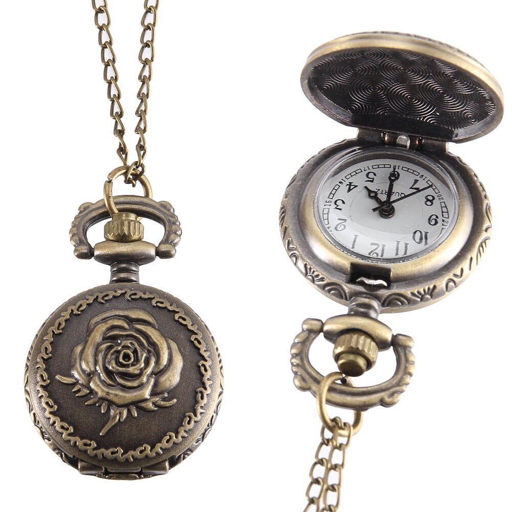 Vintage Pocket Small Watch Steampunk Quartz Watch With Chain Hollow Heart Cover Necklace Bronze Color Alloy Fob Clock Men Gift - luckacco