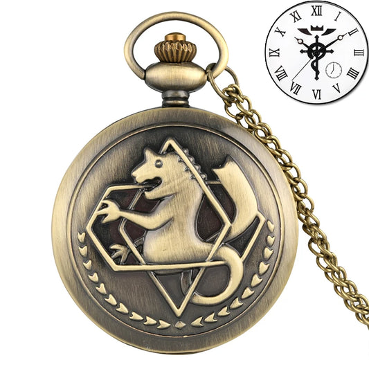 Luckacco Antique Fullmetal Alchemist Quartz Anime Pocket Watch Cosplay Edward Elric Clock Design Pendant Necklace Chain Vintage Chain