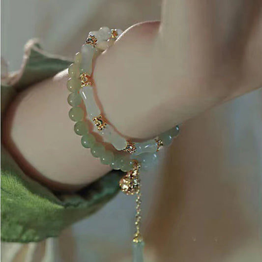 Luckacco Hetian Jade Bamboo Knot Bracelet - Neo-Chinese Vintage Style Premium Gold Silk Jade Pumpkin Bead Handchain