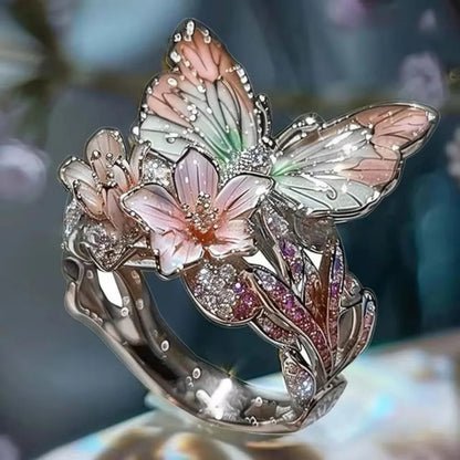 Luckacco Aesthetic Flower Butterfly Rings for Female Romantic Rhinestone Stylish Non-fading Opening Ring Women Wedding Jewelry Party Gift