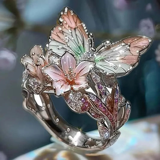 Luckacco Aesthetic Flower Butterfly Rings for Female Romantic Rhinestone Stylish Non-fading Opening Ring Women Wedding Jewelry Party Gift