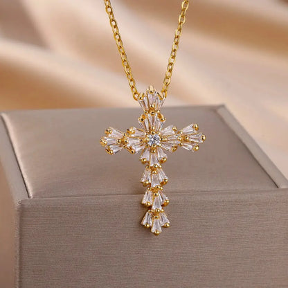 Luckacco Luxury Zirconia Cross Pendant Necklace for Women Zircon Crystal Stainless Steel Chain Charm New Trend Aesthetic Jewerly collares