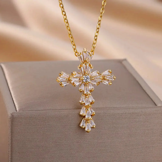 Luckacco Luxury Zirconia Cross Pendant Necklace for Women Zircon Crystal Stainless Steel Chain Charm New Trend Aesthetic Jewerly collares