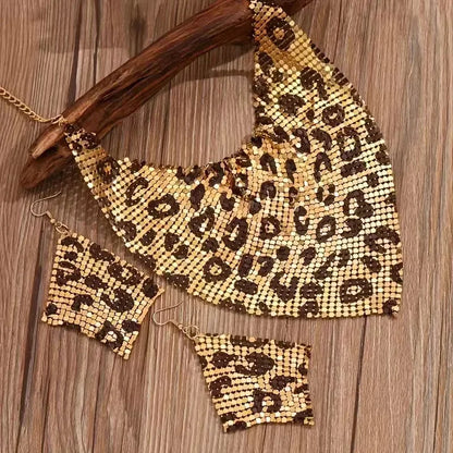 Luckacco Exaggerated Leopard Print Triangle Scarf Shaped Necklace Diamond Drop Earrings For Women Fashion Party 2PCS Jewelry Set