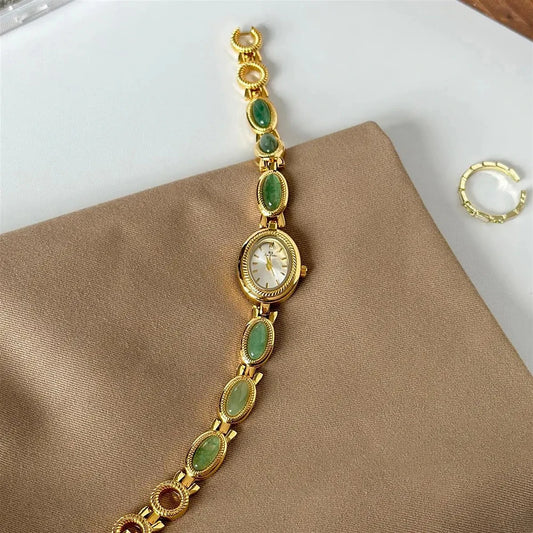 Luckacco Women's Gold Watch Vintage Brown Jade Bracelet Small Dial Quartz Daily Wear Party Clock Luxury Waterproof Ladies Watches Gifts