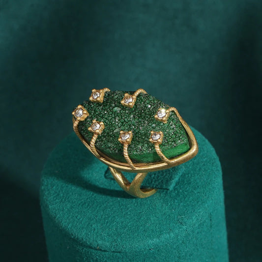 Luckacco Vintage Wedding Rings for Women Round Blue Natural Oval Green Crystal Horse Eye Shape Glass Retro Pattern Gold Color Jewelry