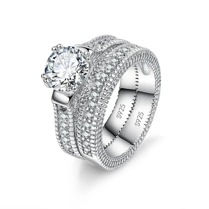 Luckacco Elegant Wedding Engagement Couple Rings Set 925 Sterling Silver Color Anniversary Accessory With Full Shiny Cubiz Zircon Stone