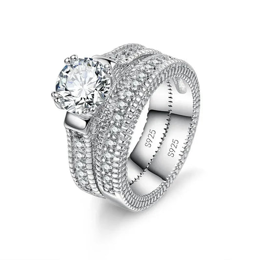 Luckacco Elegant Wedding Engagement Couple Rings Set 925 Sterling Silver Color Anniversary Accessory With Full Shiny Cubiz Zircon Stone