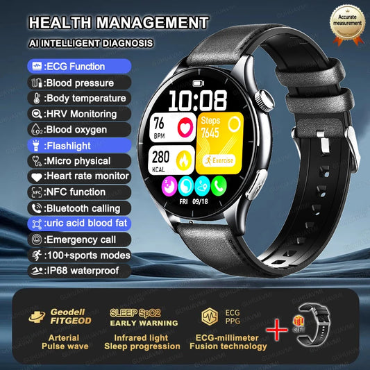 Luckacco 2025 New Health Analysis ECG+PPG Smart Watch Body Fat Uric Acid Blood Pressure Heart Rate Tracker NFC Smartwatch For Android IOS