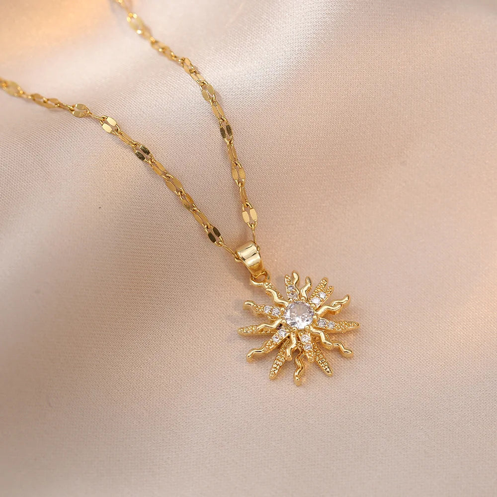 luckacco rotating flower pendant stainless steel chains necklaces for women antique silver color ins white zircon sun clavicle necklace