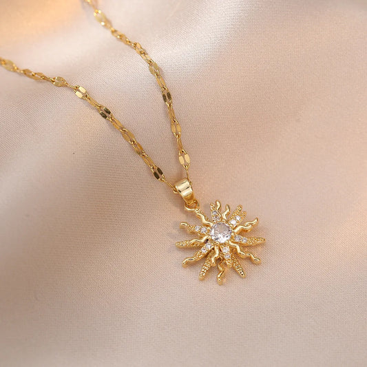 Luckacco Rotating Flower Pendant Stainless Steel Chains Necklaces For Women Antique Silver Color Ins White Zircon Sun Clavicle Necklace