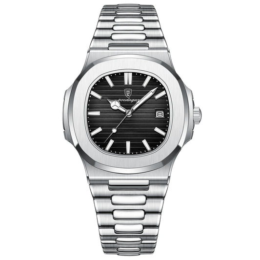 Luckacco POEDAGAR Luxury Casual Watch Top Brand Fashion Square Dial Stainless Steel Calendar Luminous Waterproof Men Watch Male Clock+Box