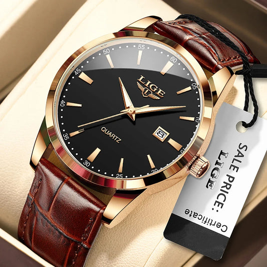 Luckacco LIGE Military Watch For Men Fashion Business Watch Men Casual Leather Sport Waterproof Men's Quartz Wristwatches Reloj Hombre