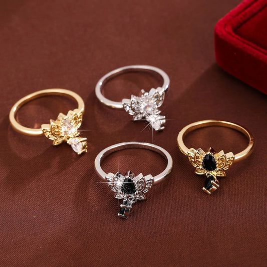 Luckacco Fashion Elegance Lotus Ladies' Ring Synthetic Zirconia Teardrop-Shaped Pendant Ring