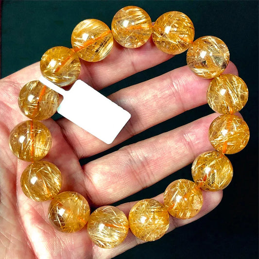 Luckacco Brazilian Golden Full Women Yellow Rutilated Quartz Bracelet for Men Gold Titaniu