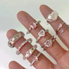 Luckacco Pink Crystal Irregular Heart Rings Creative Zircon Bowknot Opal Love Heart Open Ring Y2K Shiny Rings for Women Party Jewelry
