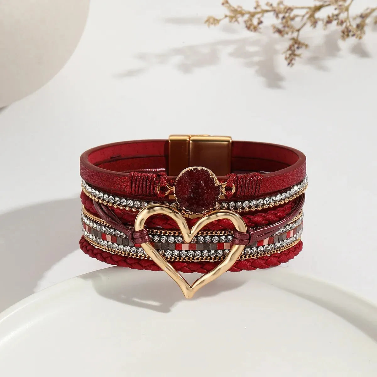 luckacco new metal love heart charm leather bracelets for women fashion bohemian rhinestone resin wrap bracelet bangle couple jewelry