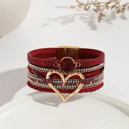 Luckacco New Metal Love Heart Charm Leather Bracelets for Women Fashion Bohemian Rhinestone Resin Wrap Bracelet Bangle Couple Jewelry